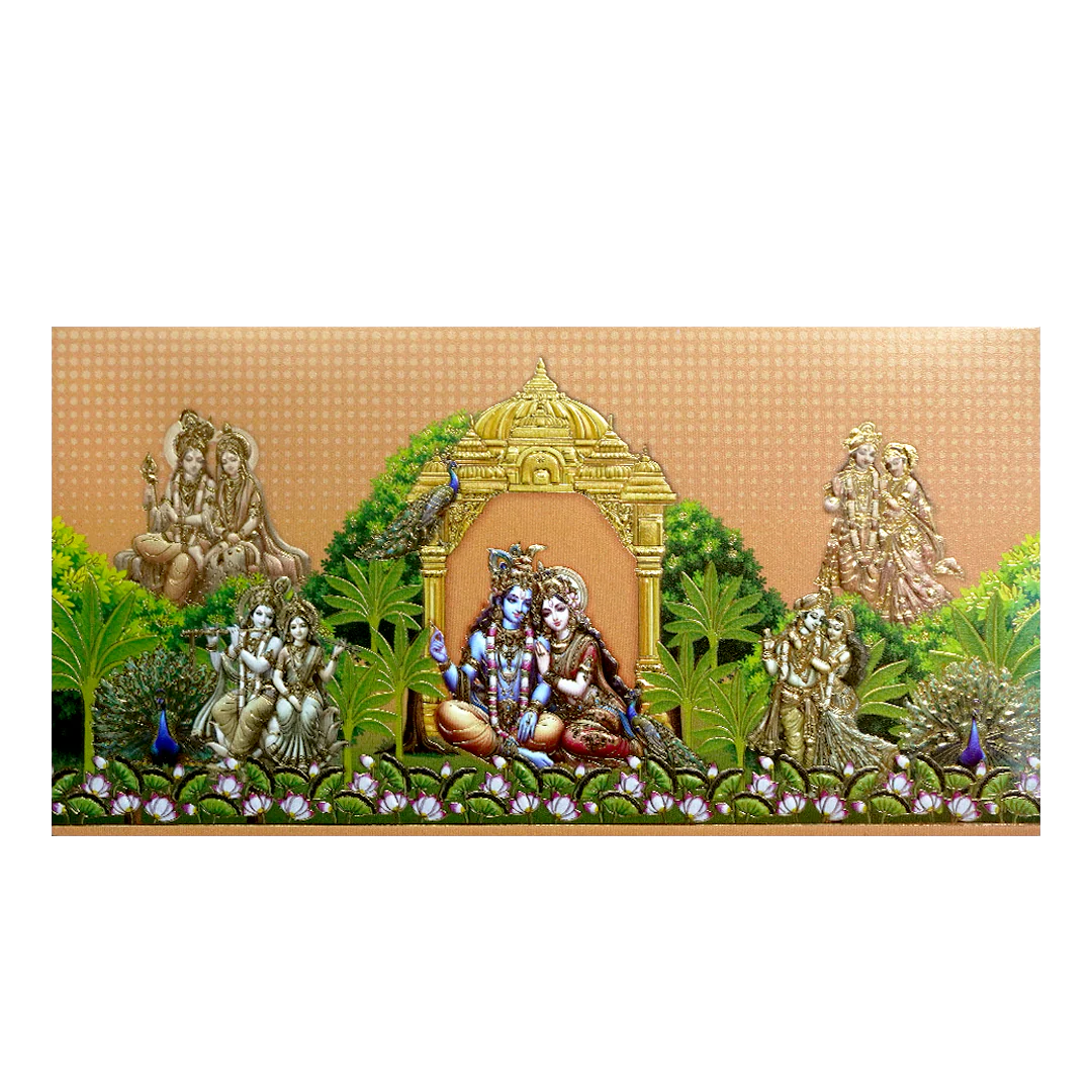 Peach Gold Embossed Radha Krishna Wedding Invitation Card-KPR06470 - Image 3