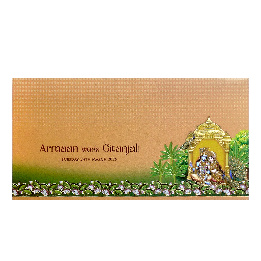 Peach Gold Embossed Radha Krishna Wedding Invitation Card-KPR06470 - Image 4