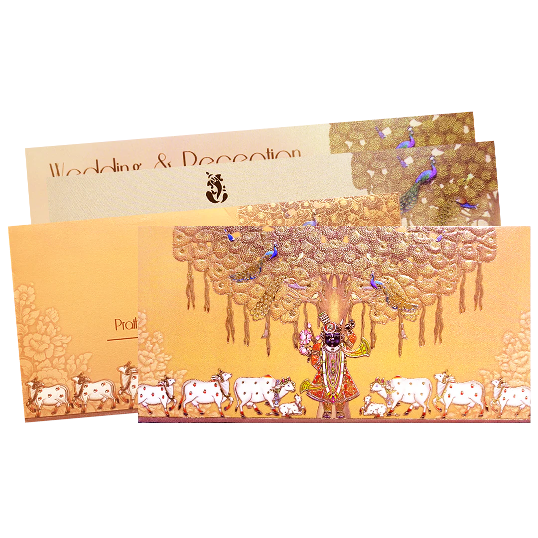 Peach Gold Embossed Shrinathji Wedding Invitation Card-KPR06460