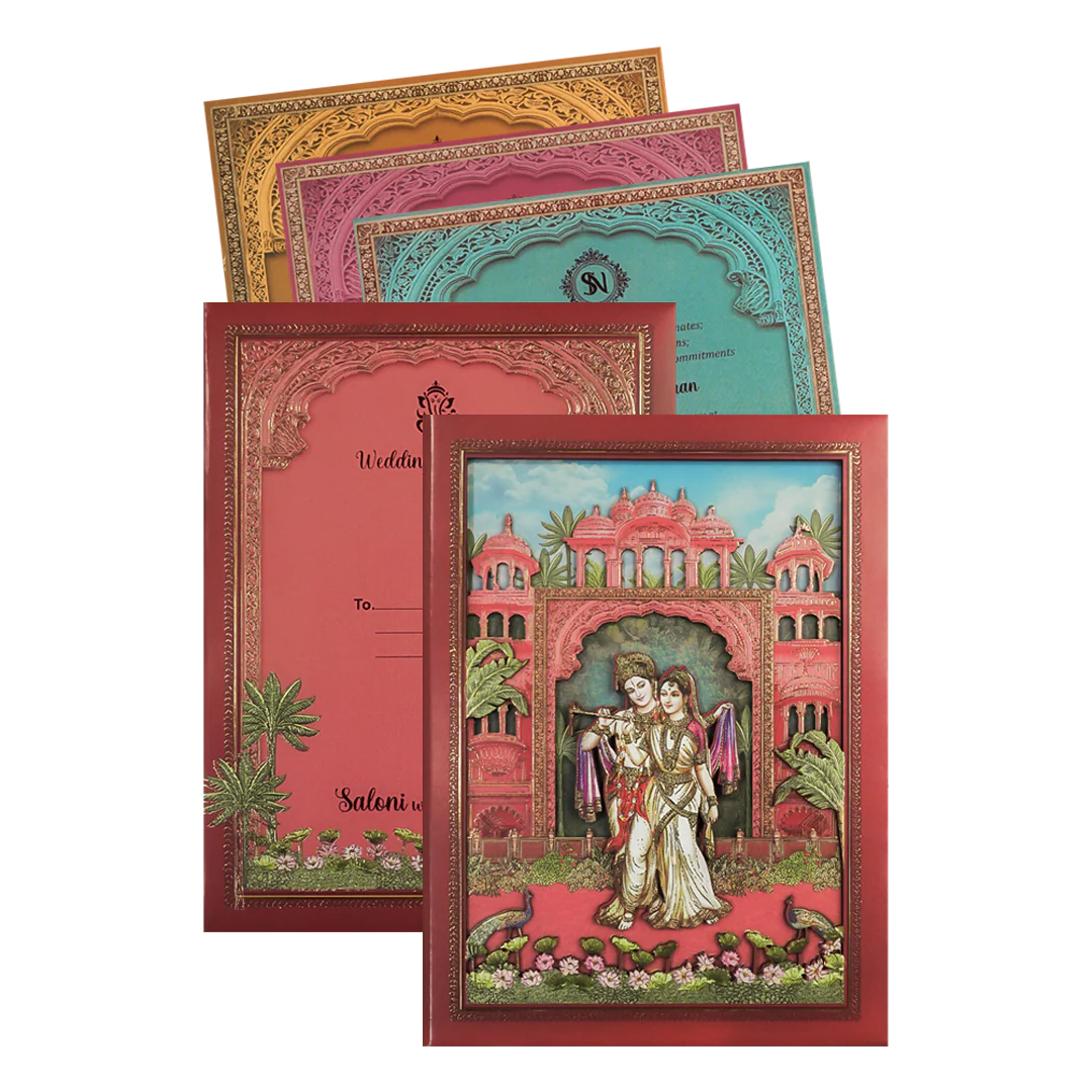 Peach Radha Krishna Palace Padded Wedding Card-KSI64020