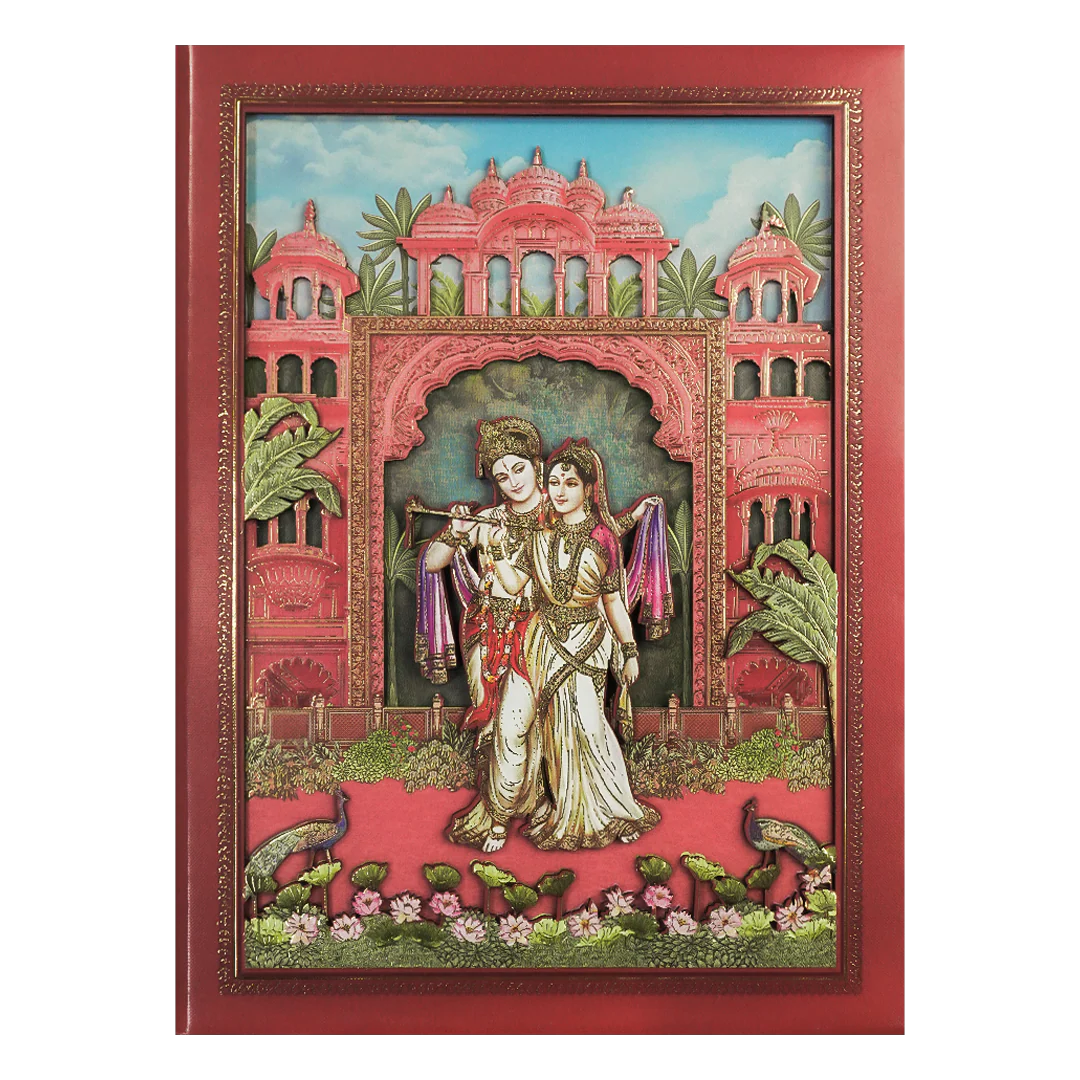 Peach Radha Krishna Palace Padded Wedding Card-KSI64020 - Image 3
