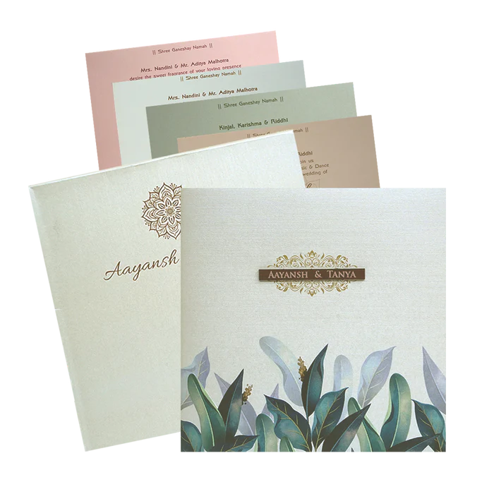Pearl White Leaves Wedding Card-KRC30601