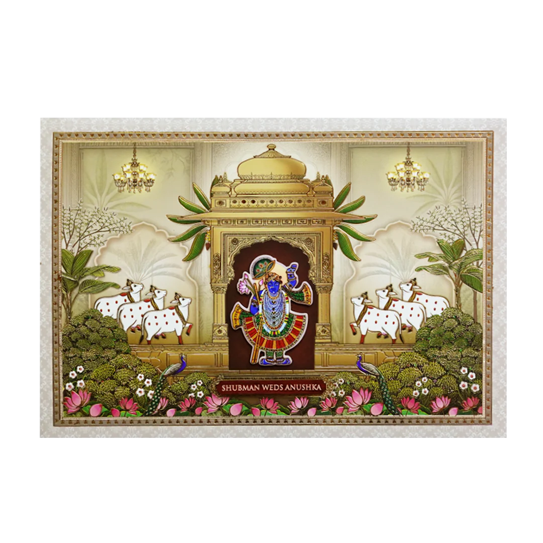 Pichwai Art Padded Embossed Wedding Invitation Card-KRB09610 - Image 3