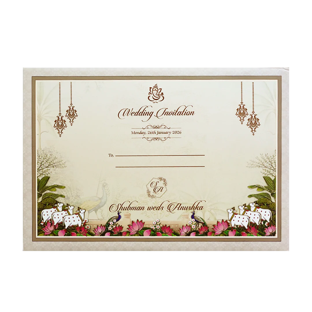 Pichwai Art Padded Embossed Wedding Invitation Card-KRB09610 - Image 4
