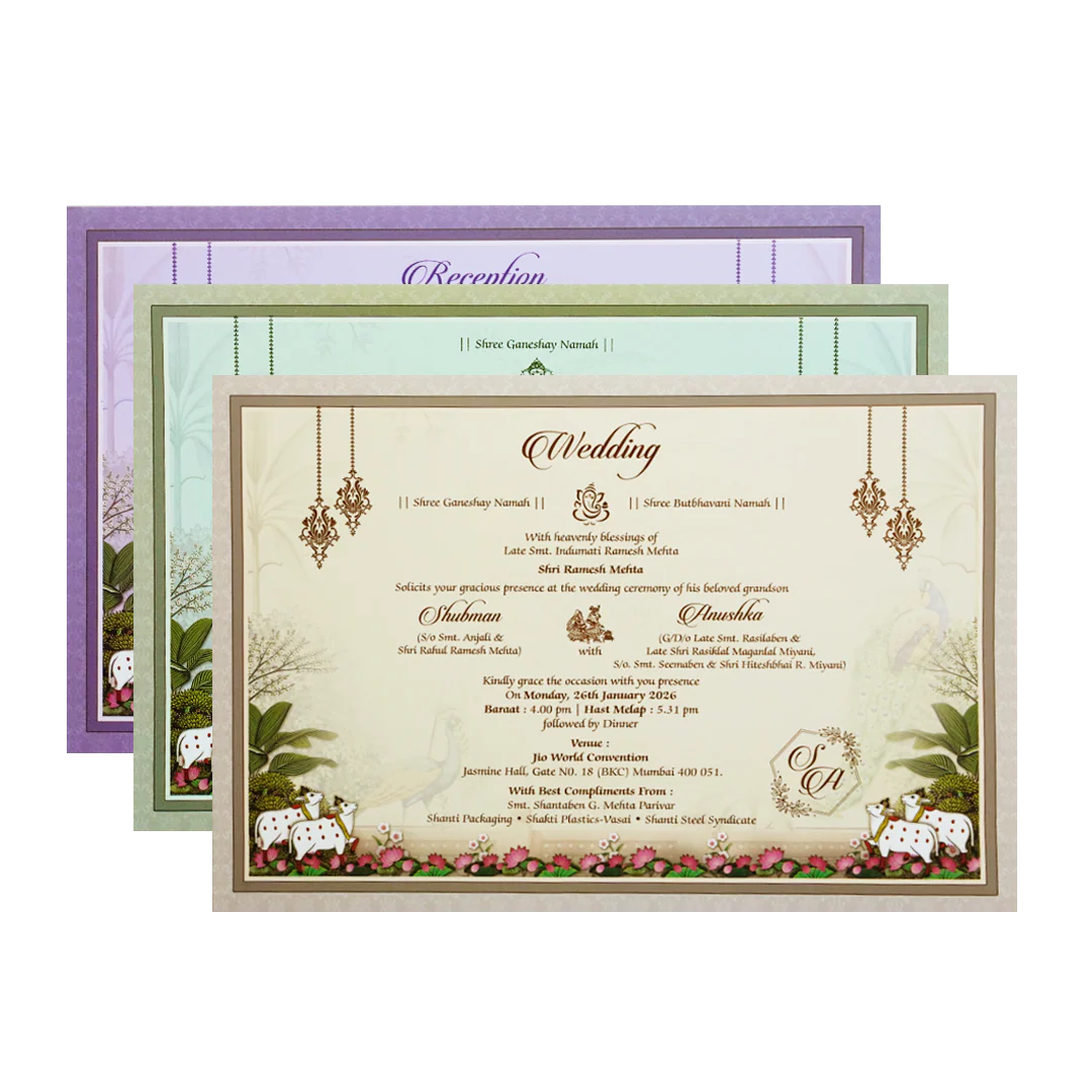 Pichwai Art Padded Embossed Wedding Invitation Card-KRB09610 - Image 5