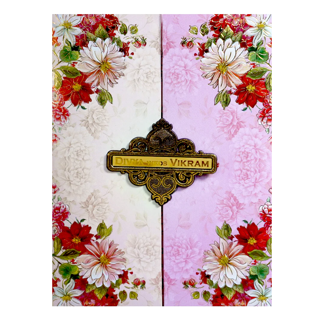 Pink Cream Floral Nameplate Invitation Card-KNKC4063 - Image 3