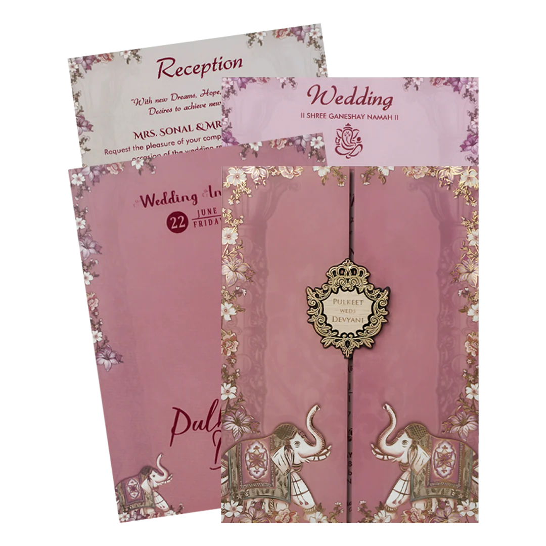 Pink Elephant Floral Padded Wedding Card-KJTS1821