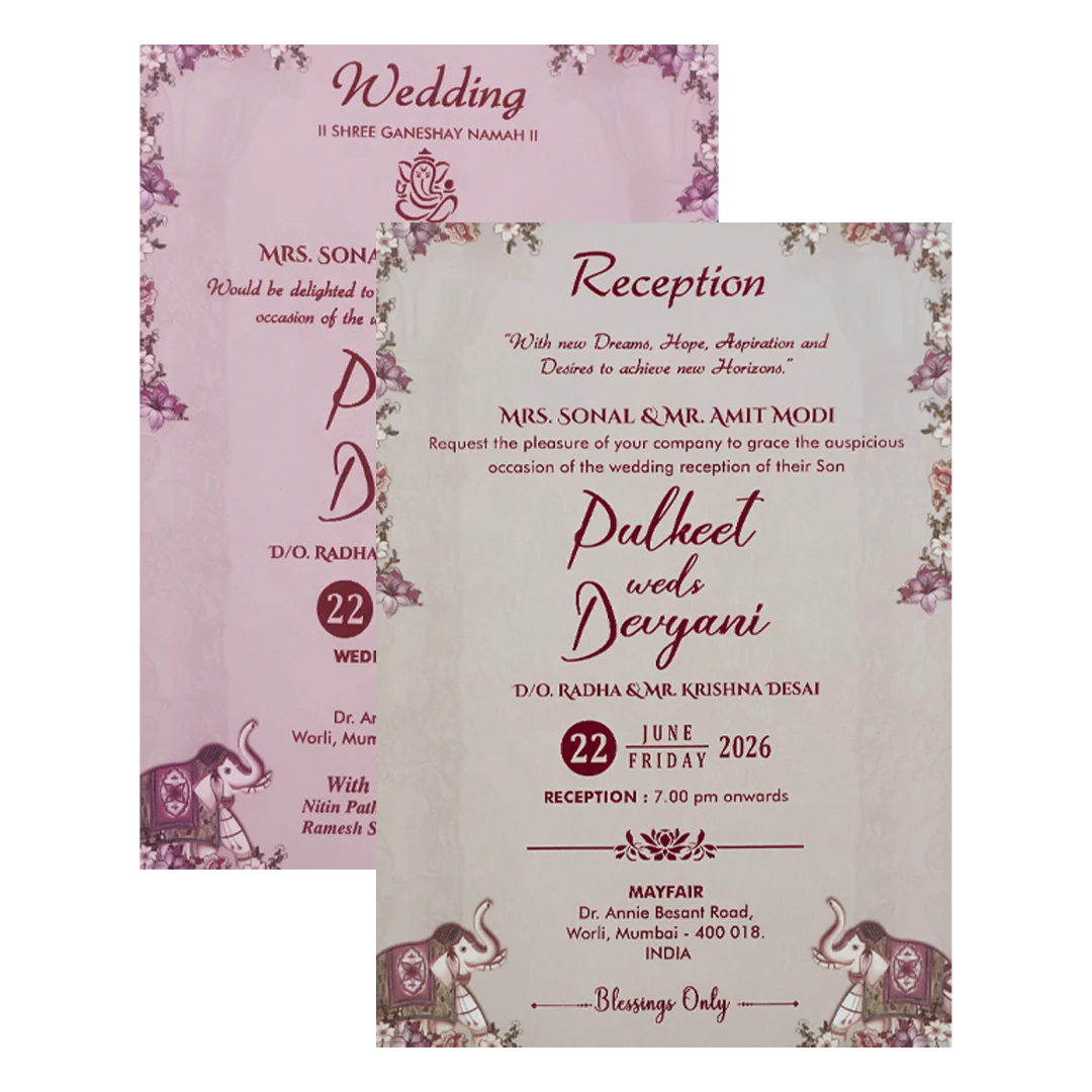 Pink Elephant Floral Padded Wedding Card-KJTS1821 - Image 5