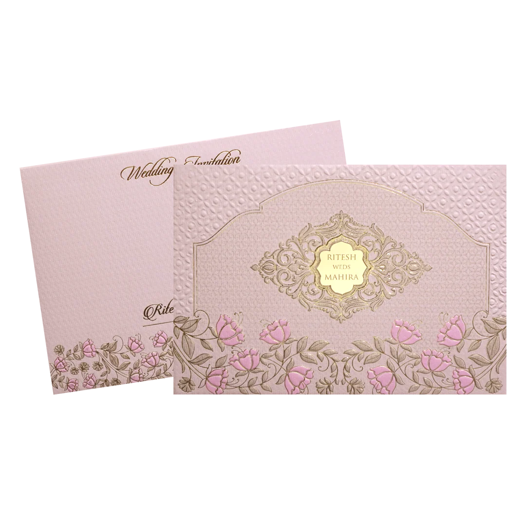 Pink Embossed Floral Padded Wedding Card-KMMWD1121 - Image 2
