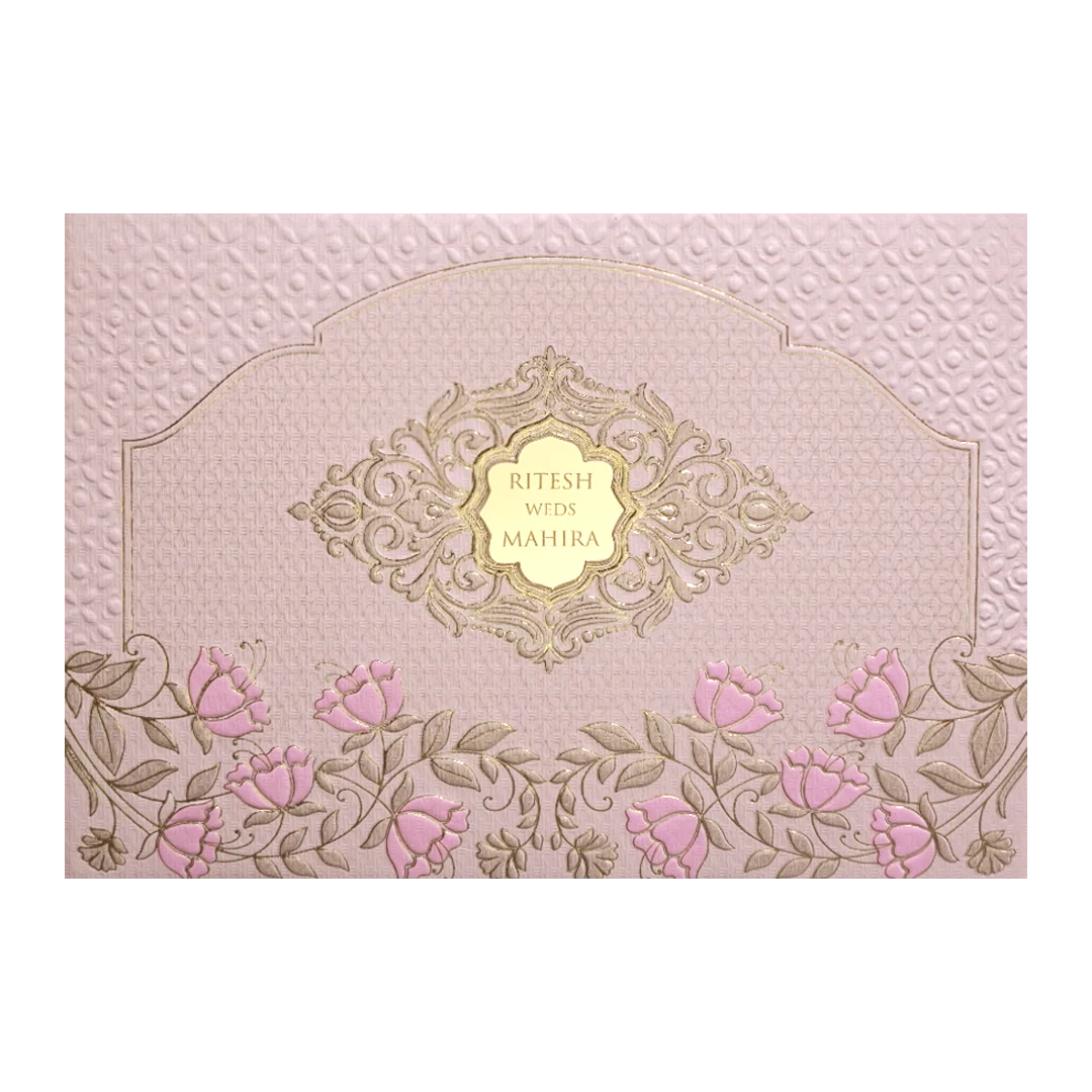 Pink Embossed Floral Padded Wedding Card-KMMWD1121 - Image 3