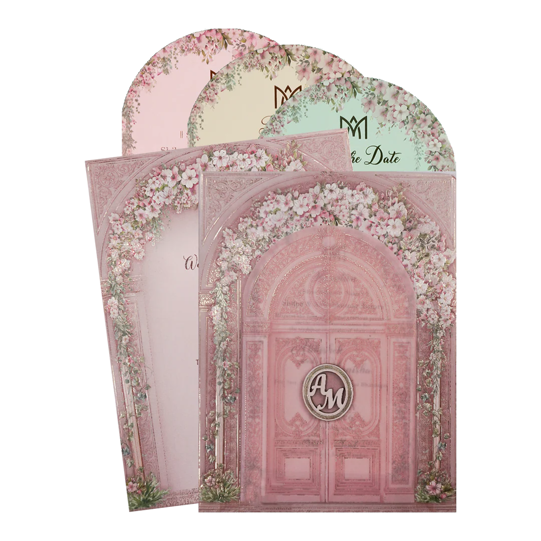 Pink Floral Arch Gate Padded Wedding Card-KSI64380