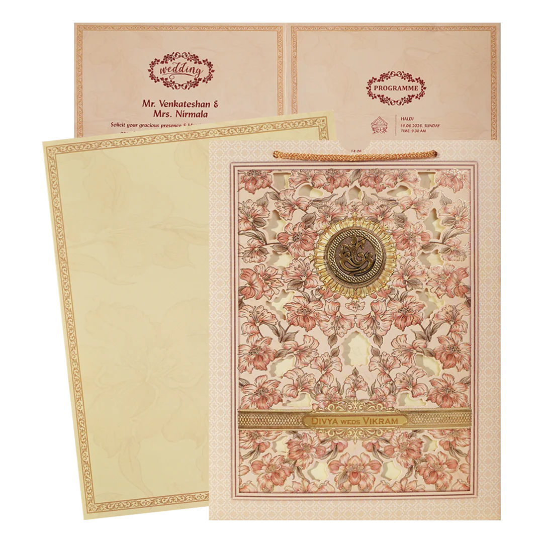 Pink Laser-Cut Floral Bag Style Wedding Card - KNAS3102