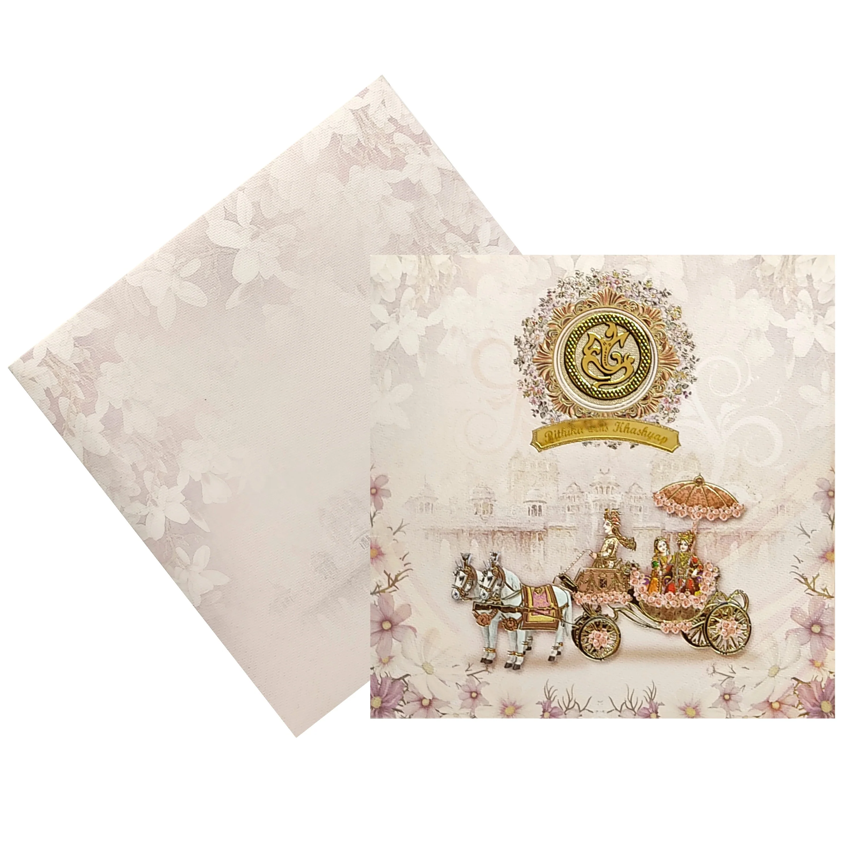 Pink Floral Chariot Nameplate Wedding Card-KNKD8101 - Image 2