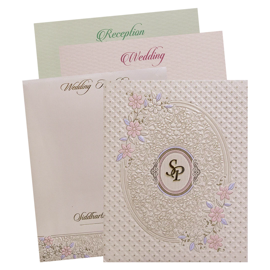 Pink Floral Embossed Padded Wedding Card - KMMWD1126