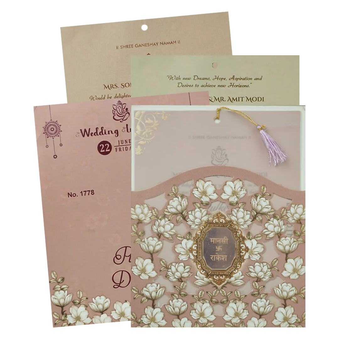 Pink Floral Laser Cut Wedding Card-KJTS1778