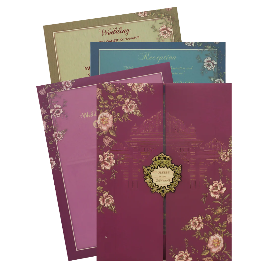 Pink Floral Palace Padded Wedding Card-KJTS1734