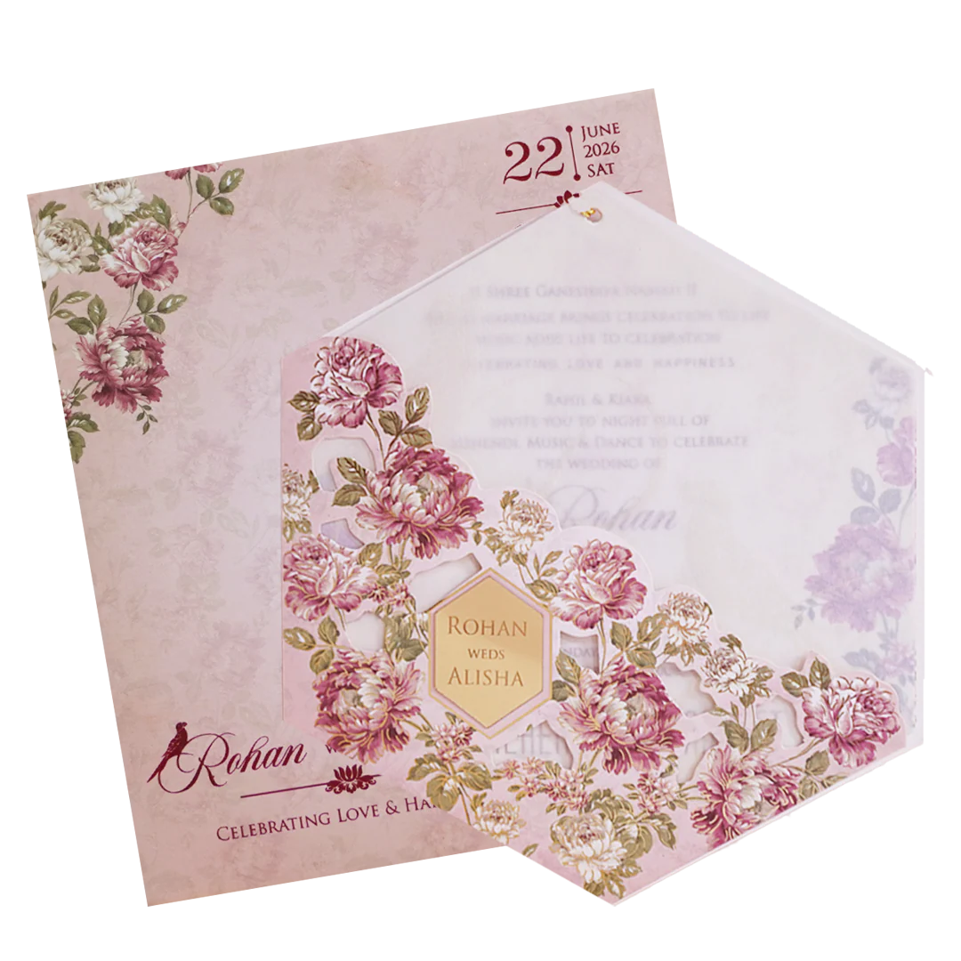 Pink Floral Parrot Laser Cut Wedding Card - KFR15170 - Image 2