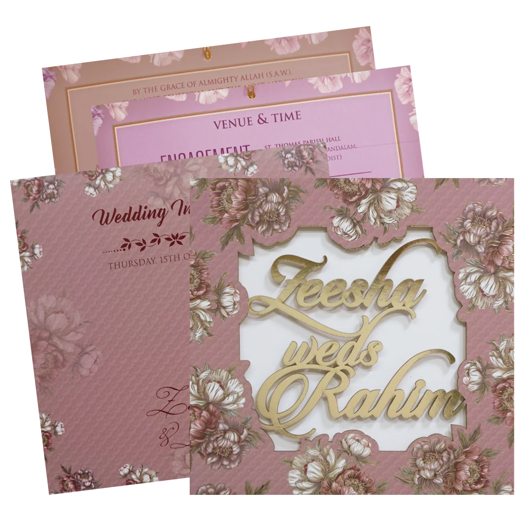 Pink Floral Script Acrylic Padded Wedding Card - KVN07510