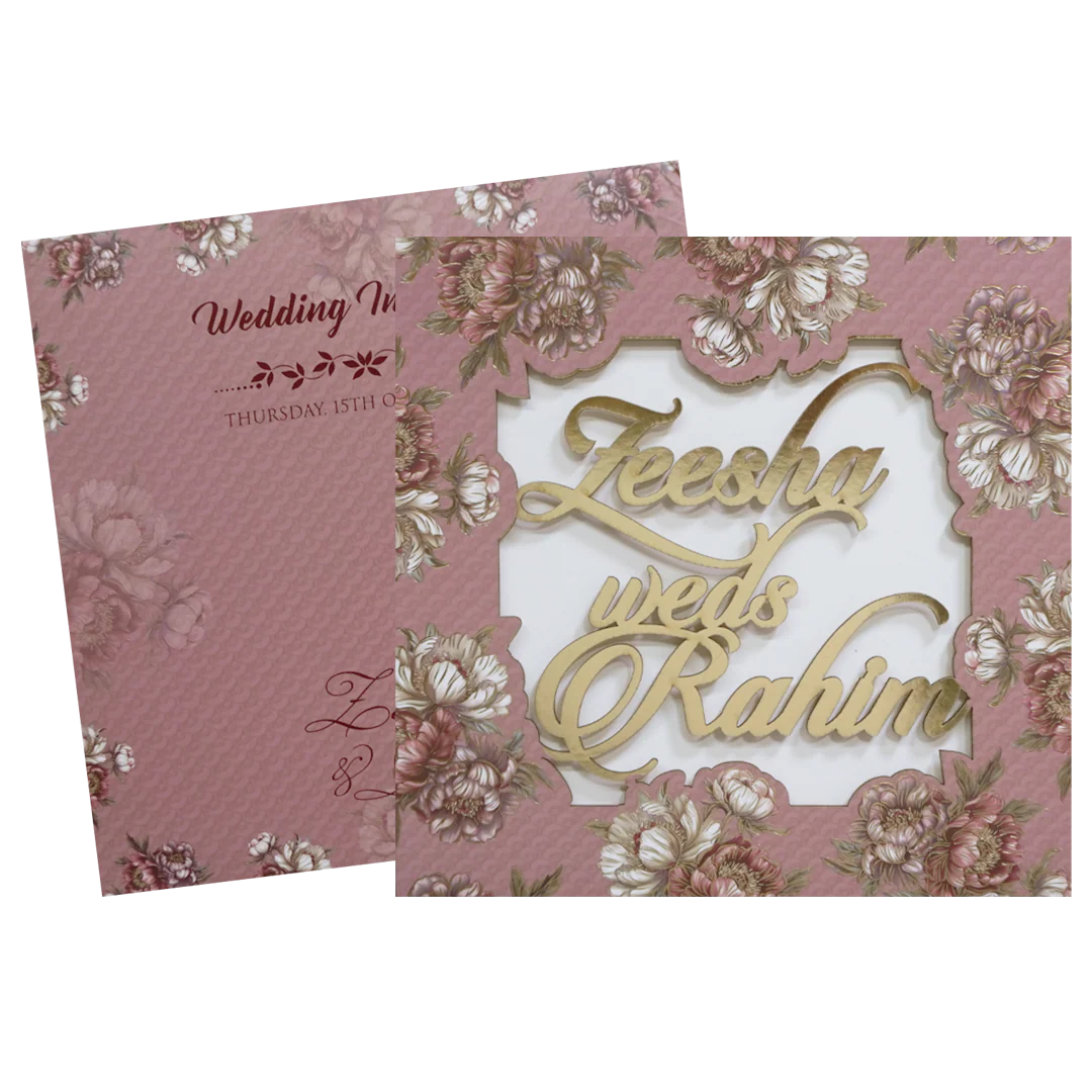 Pink Floral Script Acrylic Padded Wedding Card - KVN07510 - Image 2