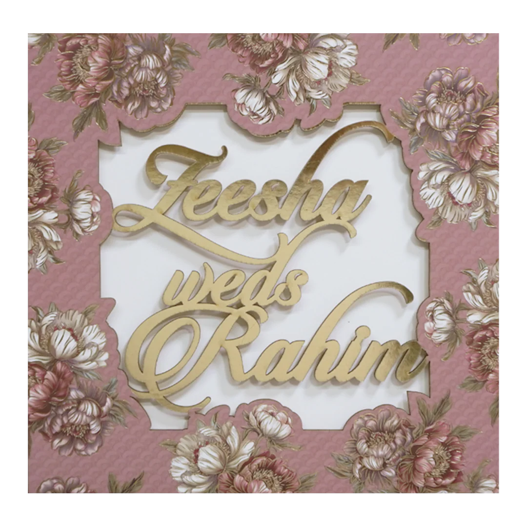 Pink Floral Script Acrylic Padded Wedding Card - KVN07510 - Image 3
