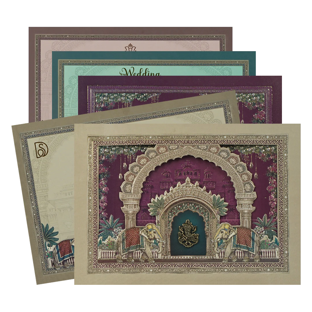 Pink Ganesha Elephant Temple Wedding Card-KSI64930