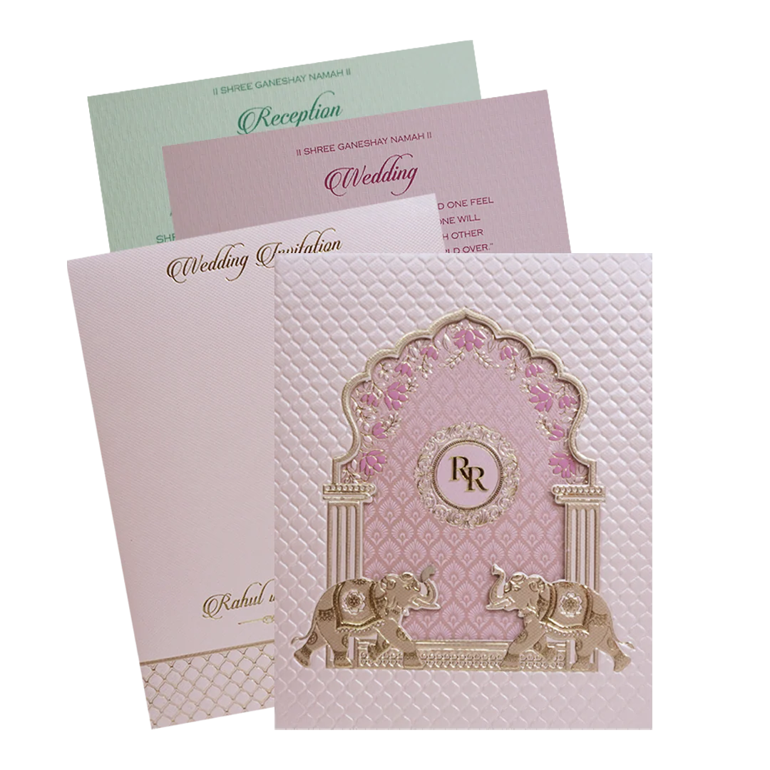 Pink Gold Elephant Arch Padded Wedding Card - KMMWD1118