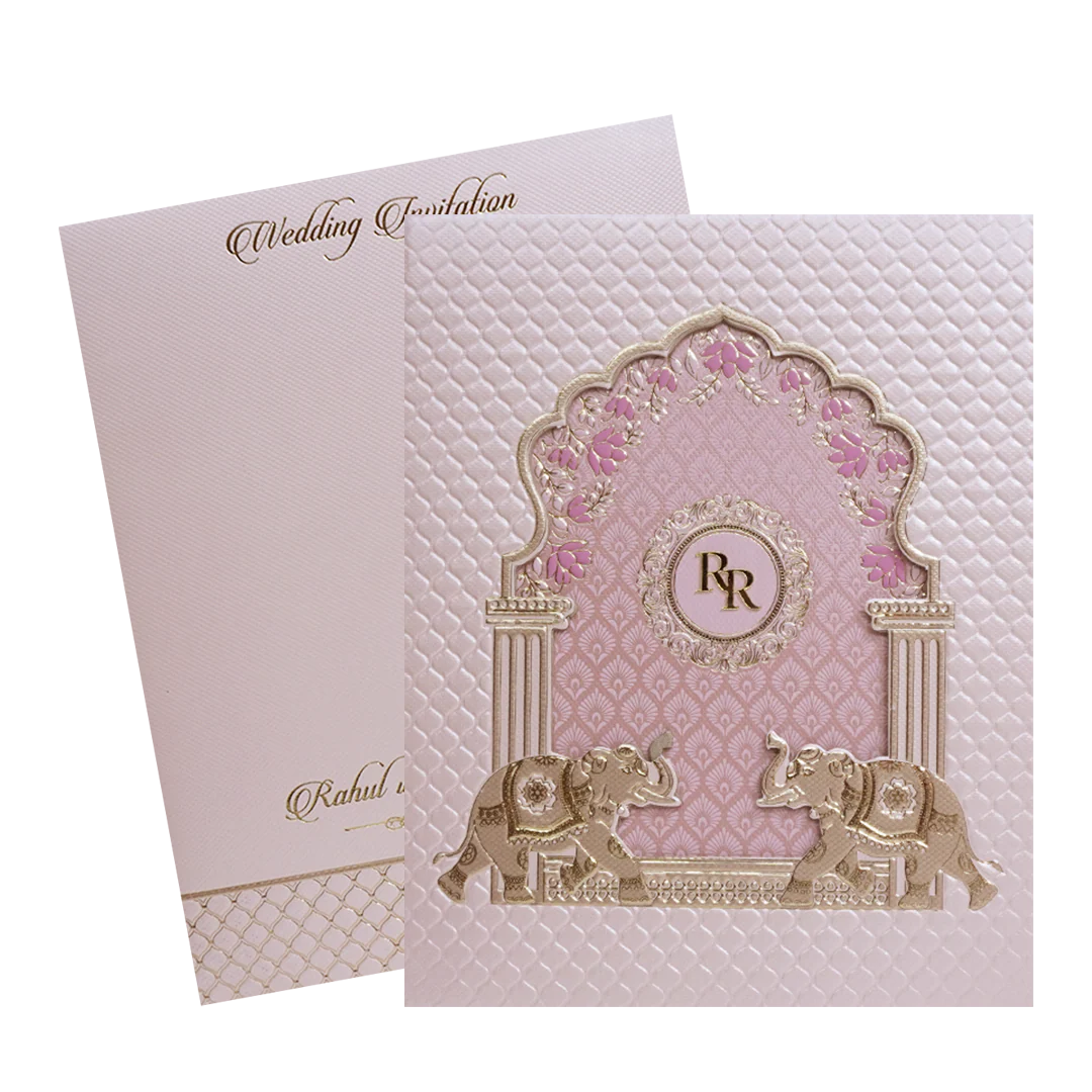 Pink Gold Elephant Arch Padded Wedding Card - KMMWD1118 - Image 2