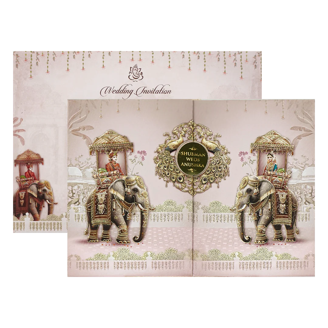 Pink Gold Elephant Theme Padded Wedding Card-KRB09210 - Image 2