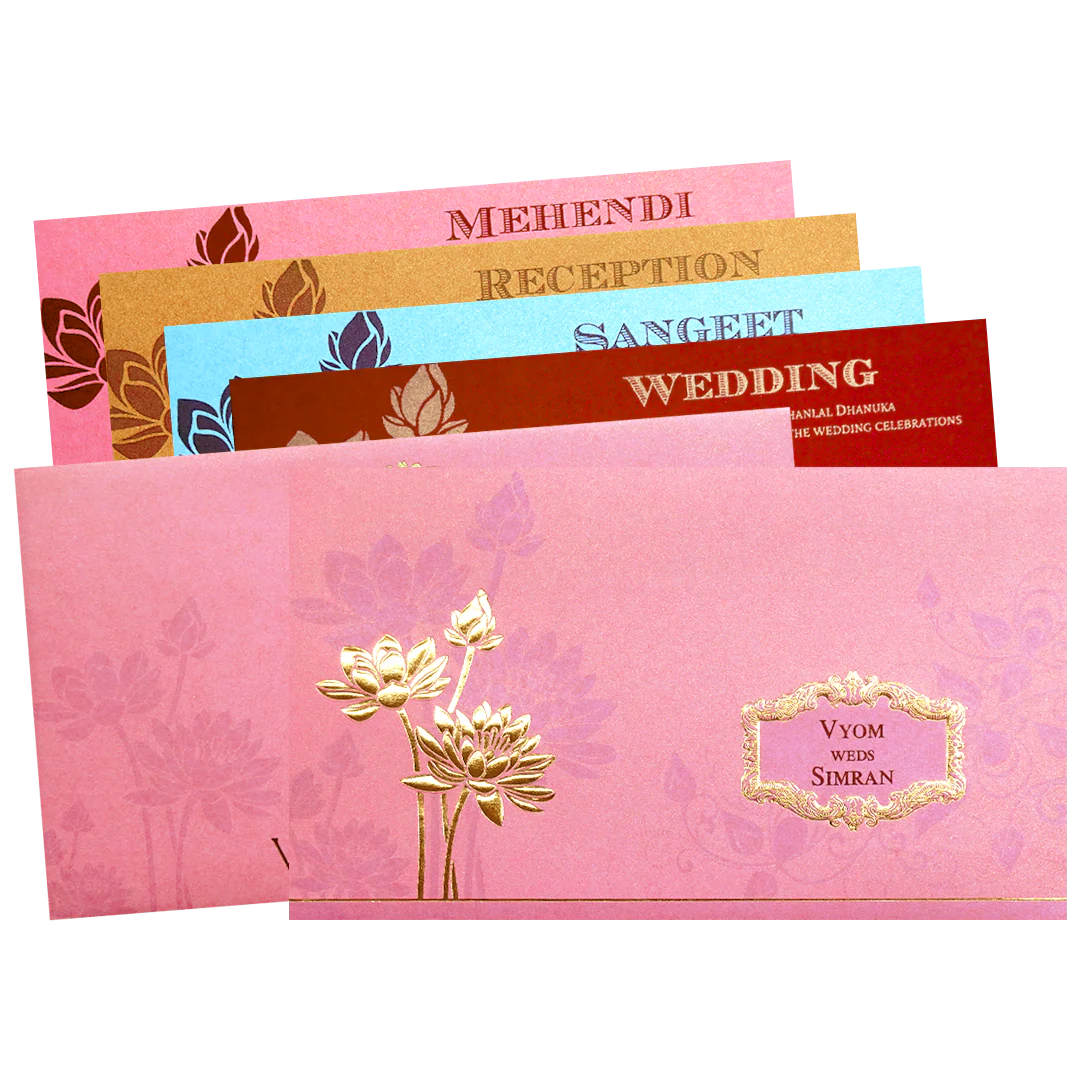 Pink Gold Embossed Flower Wedding Invitation Card-KPR06330