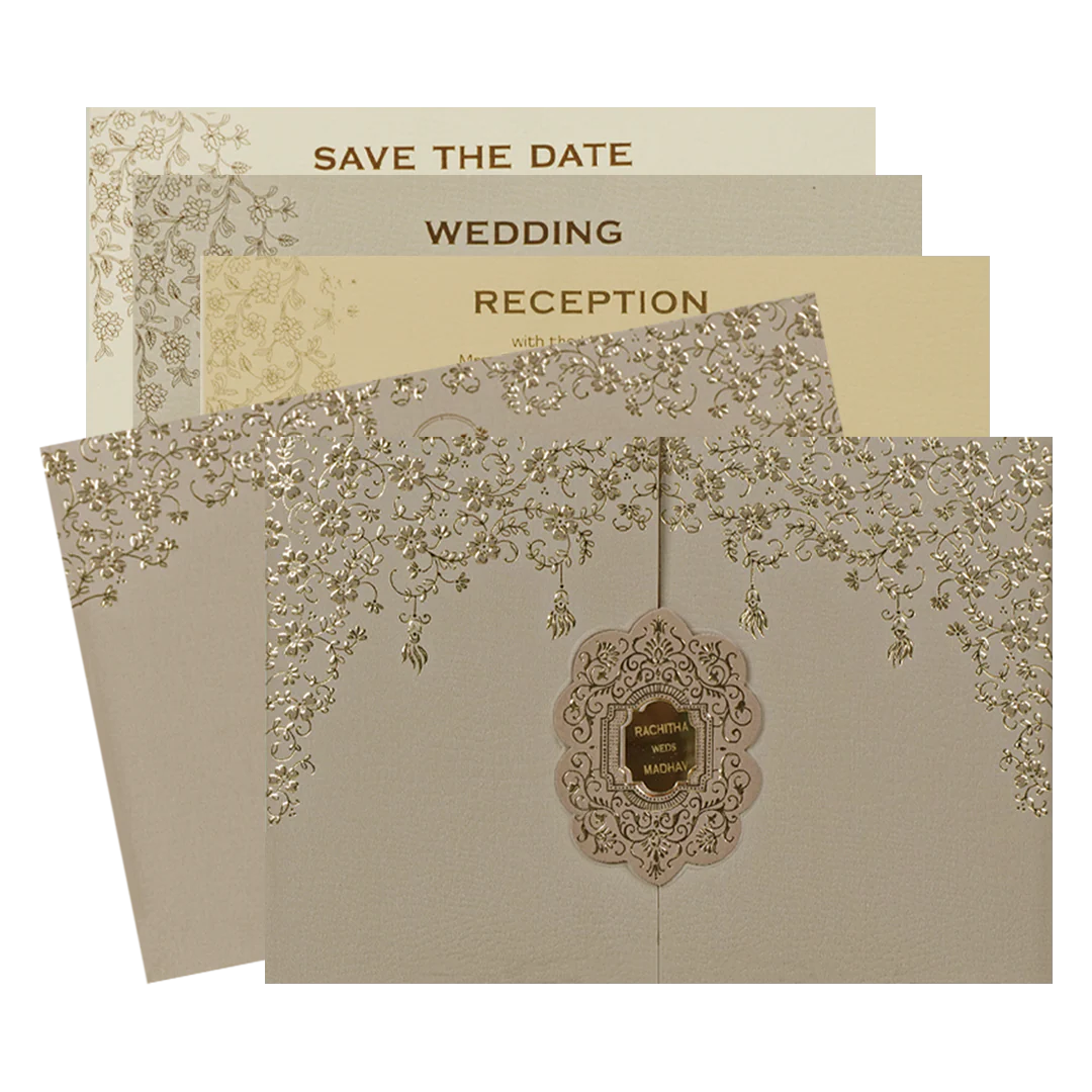 Pink Gold Floral Embossed Wedding Card-KSI64670
