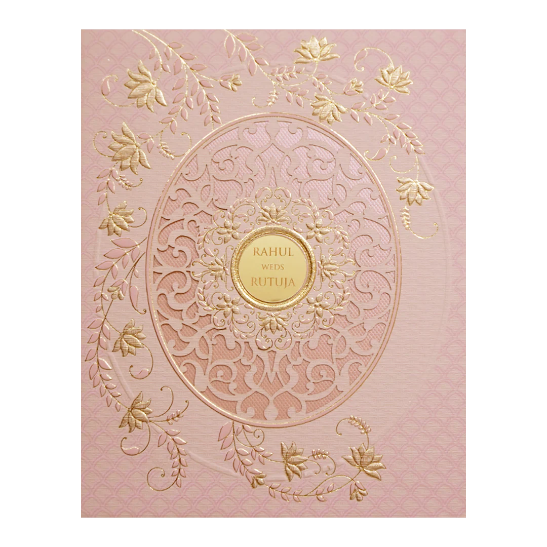 Pink Gold Lasercut Floral Padded Wedding Card -KMMWD1119 - Image 3