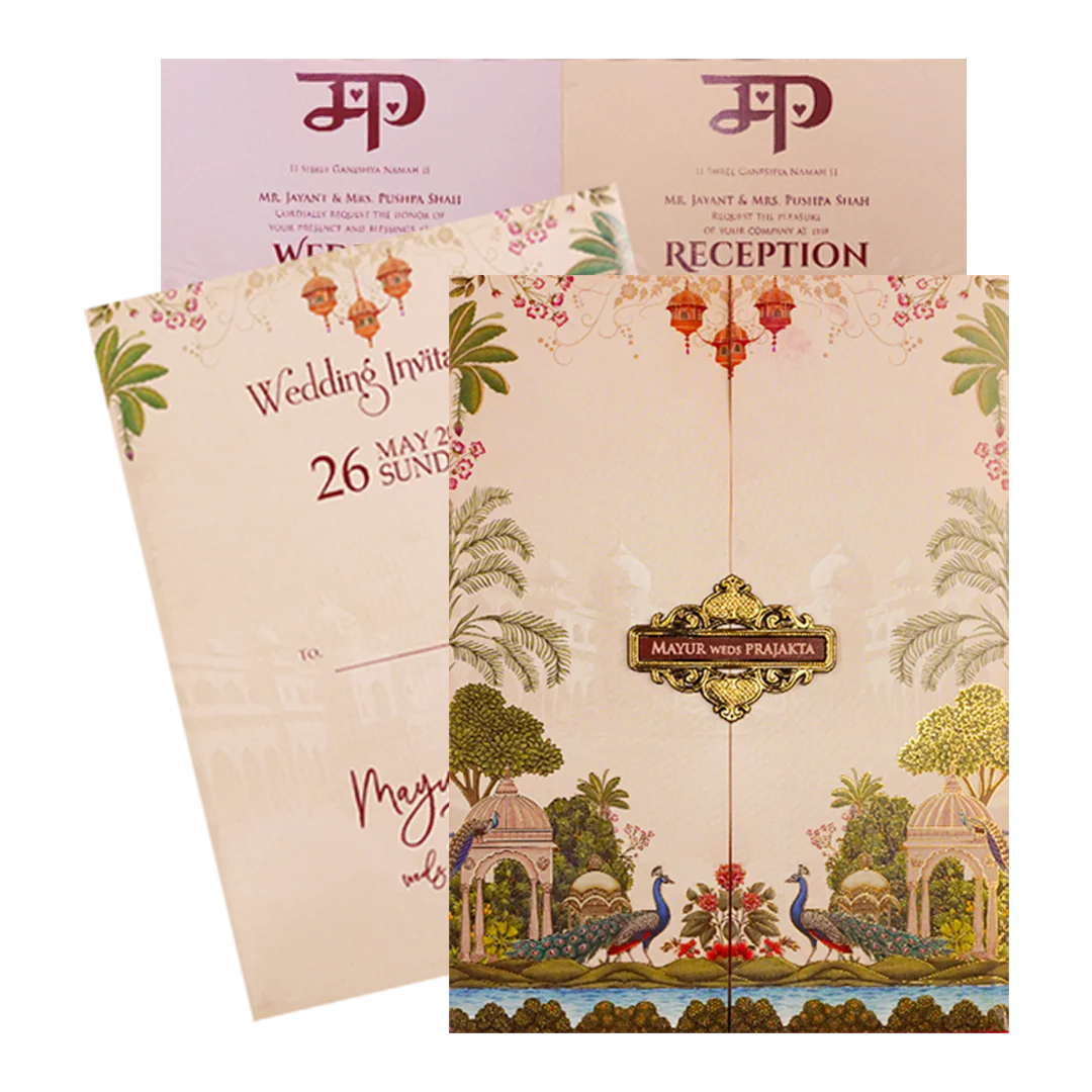 Pink Peacock Garden Wedding Card-KSH73060
