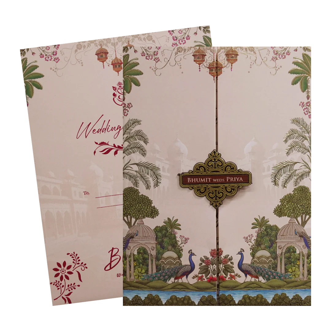 Pink Peacock Palace Padded Wedding Card- KSH72590 - Image 2