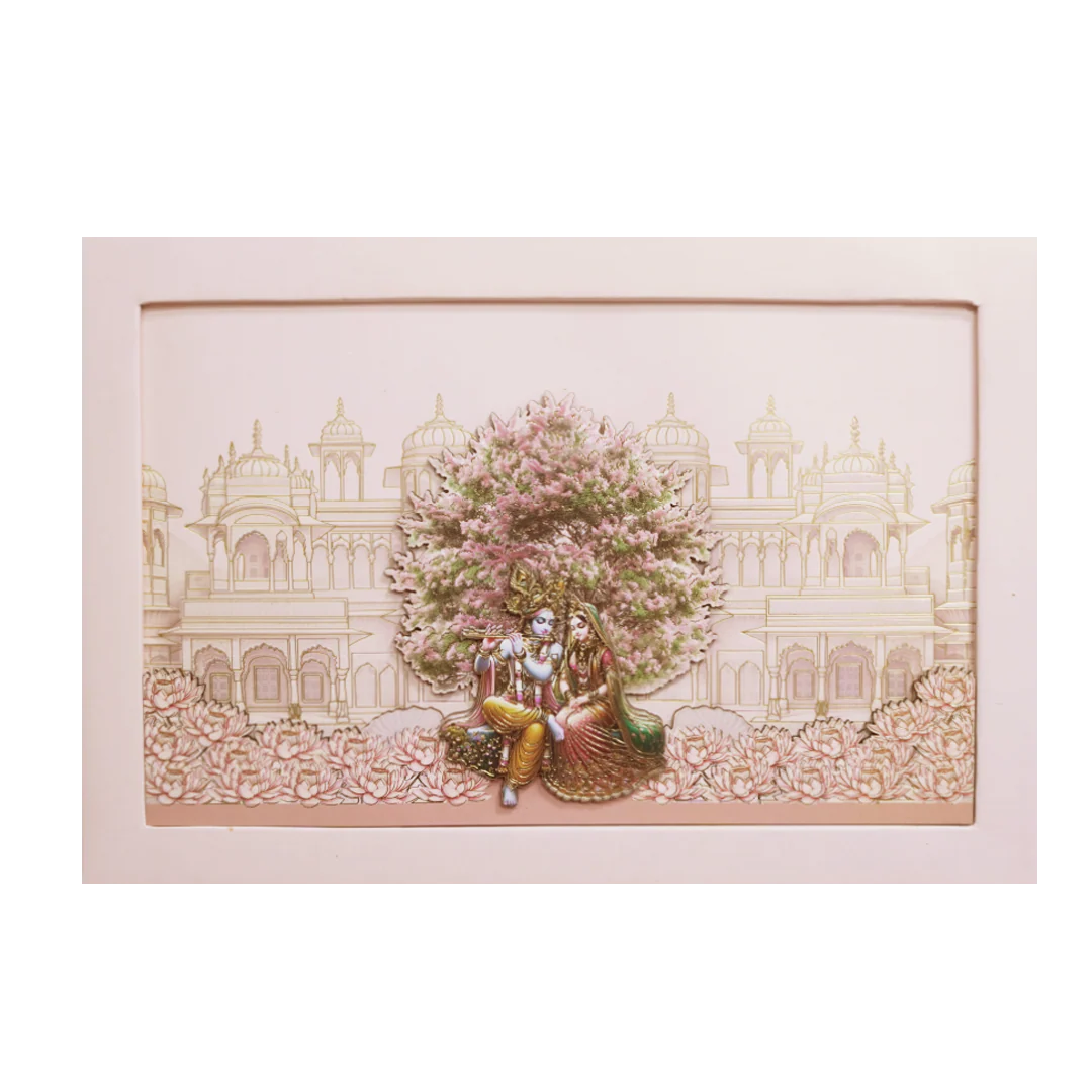 Pink Radha Krishna Padded Palace Wedding Card -KMMEX8210 - Image 3