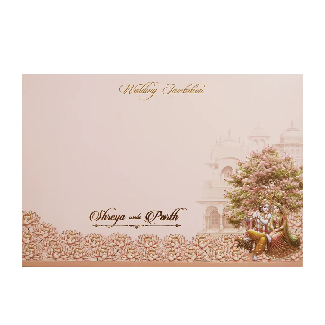 Pink Radha Krishna Padded Palace Wedding Card -KMMEX8210 - Image 4
