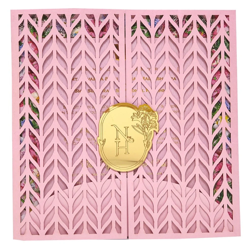 Pink Trendy Laser Cut Invitation With Gold Wedding Logo-KNKYP003 - Image 3