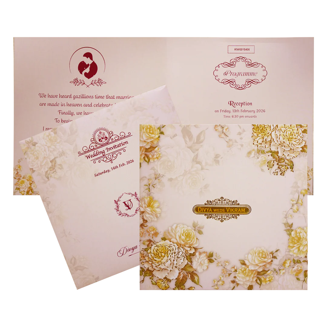 Pink Yellow Rose Floral Wedding Card-KNKBY5406