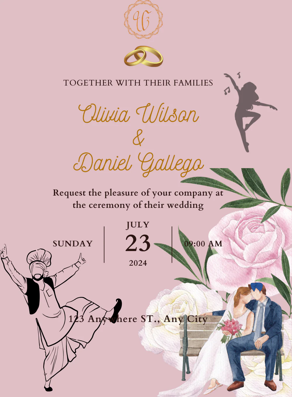 Pink Floral Punjabi Wedding Invitation-AAPUN010