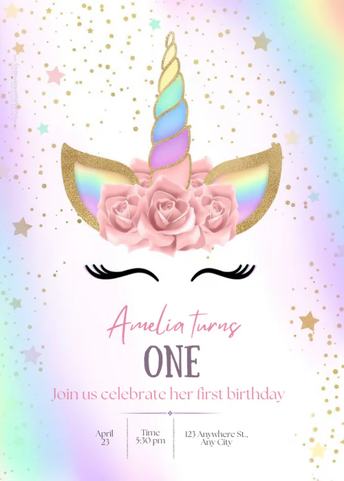 Pink Unicorn 1St Birthday Invitation-AAFBI001 - Image 2