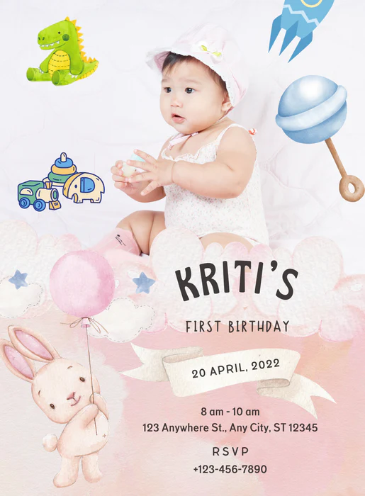 Pink Watercolour Kids Birthday Invitation-AAKBI021 - Image 2