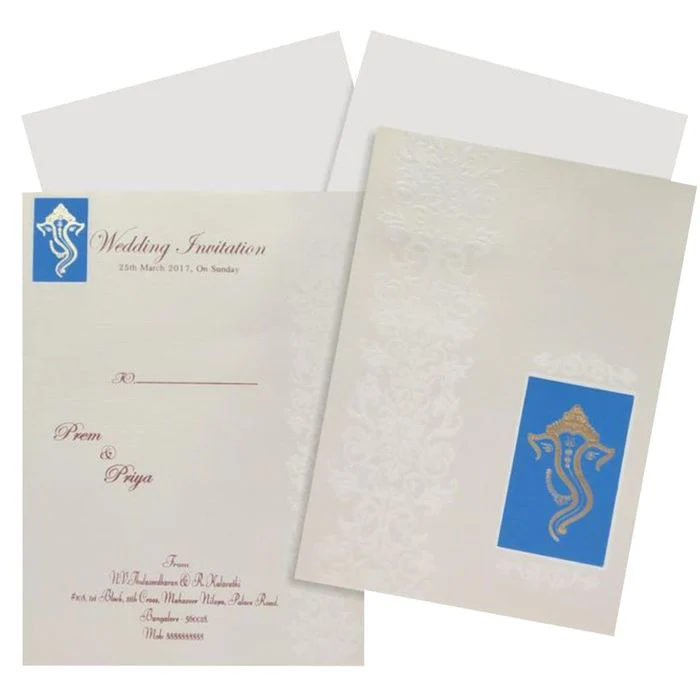 Pristine White Shading With Ganesha Theme Box Type Wedding Invitation Card - KNK1187