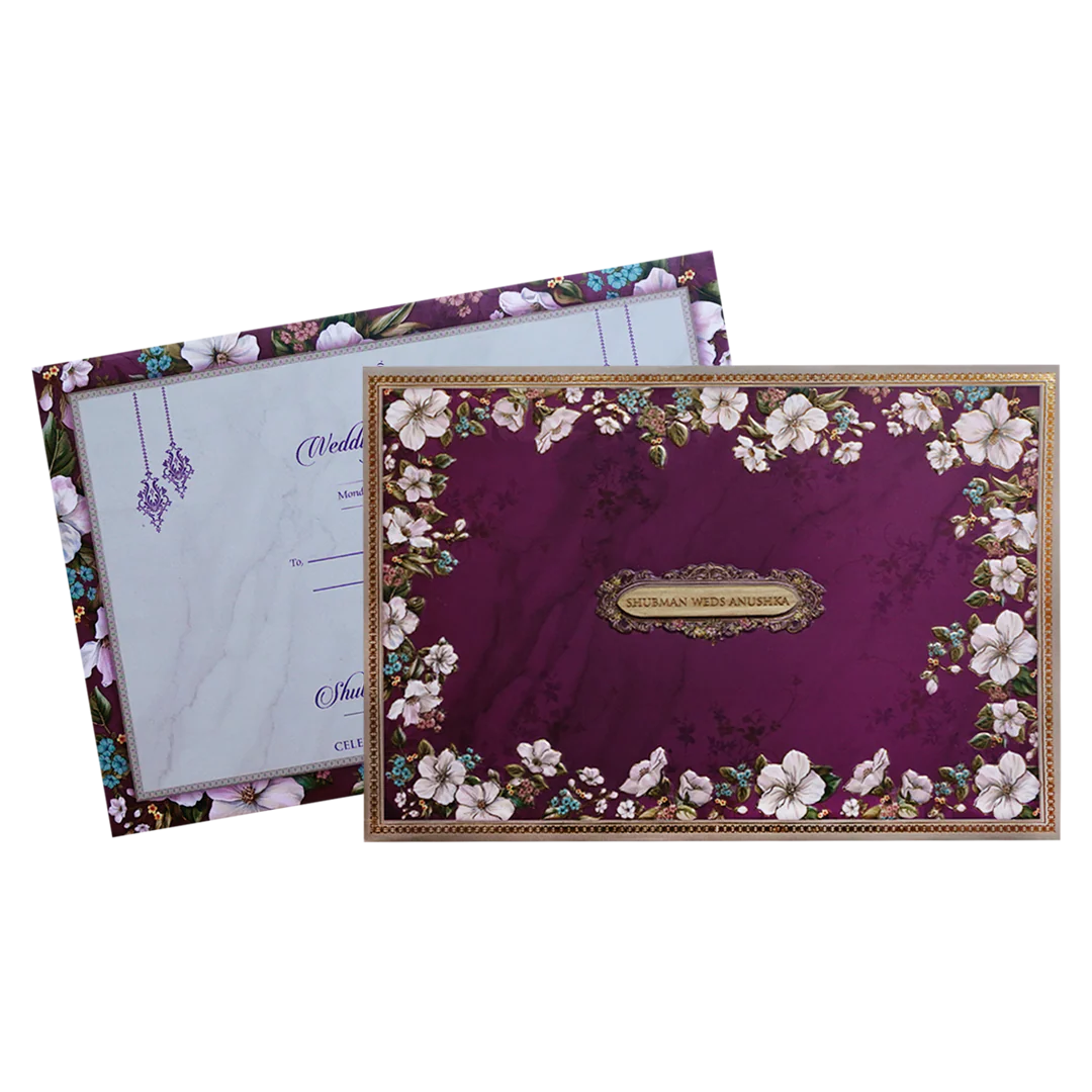 Purple Floral Padded Embossed Wedding Invitation Card-KRB09640 - Image 2