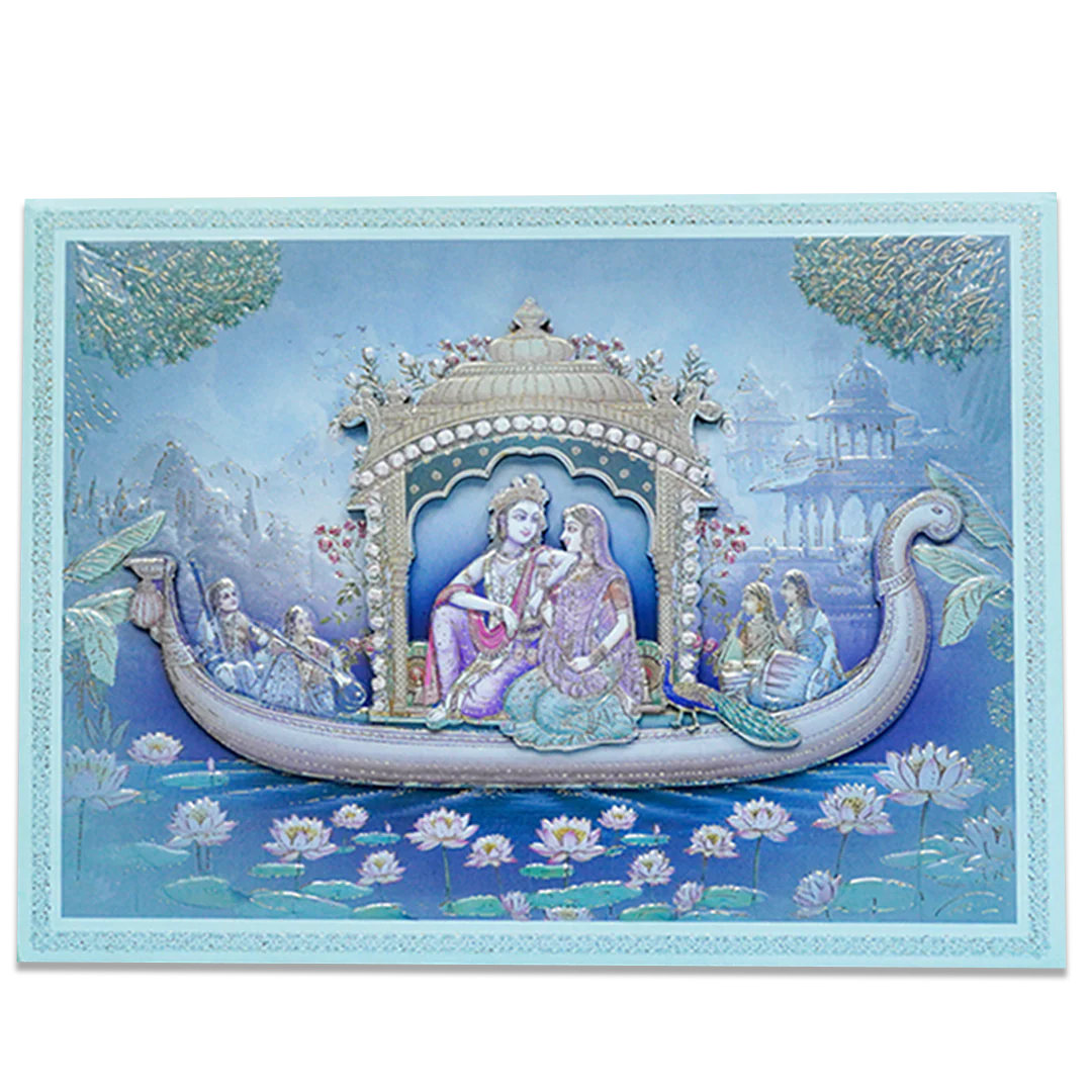 Radha Krishna Boat Theme Padded Wedding Card - KSSC2530 - Image 3
