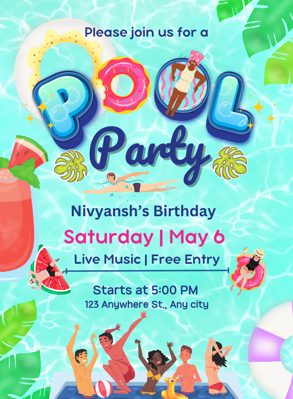 Rainbow Rhapsody Pool Party Invitation-AAPPI033