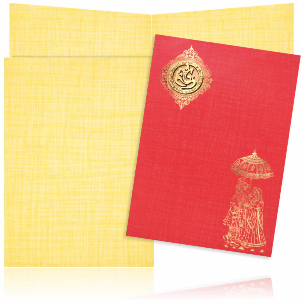 Red Classic Paper Print Bride And Groom Wedding Card With Ganesha Emblem-KNCP814R