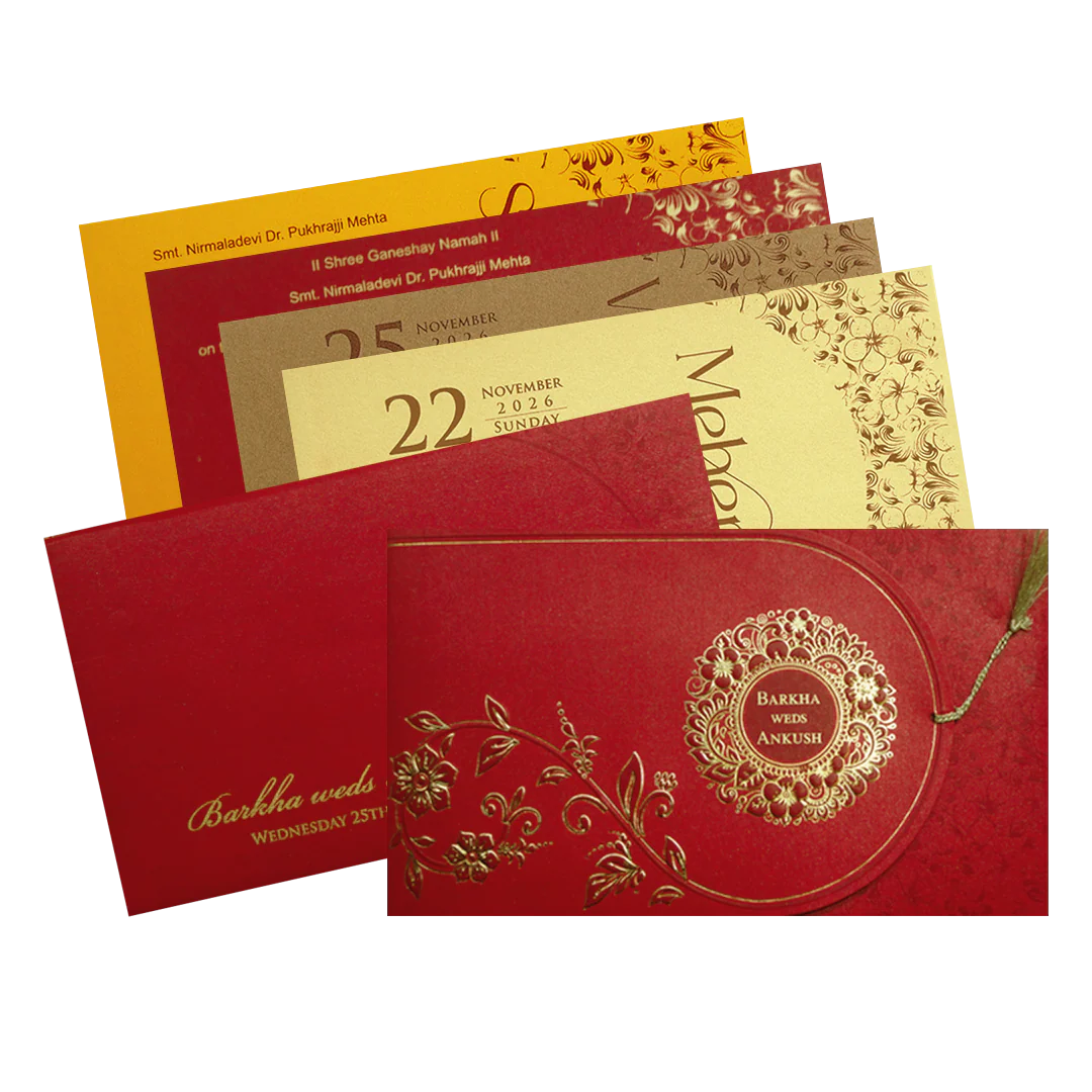 Red Floral Medallion Wedding Invitation Card-KPR06390