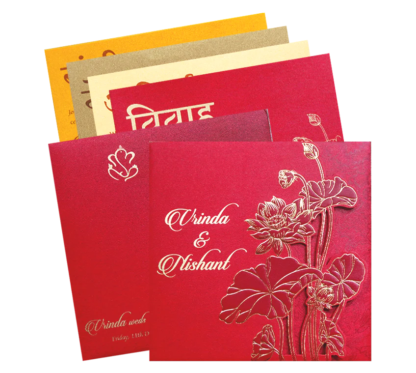 Red Lotus Laser Cut Door Style Wedding Card-KPR06110