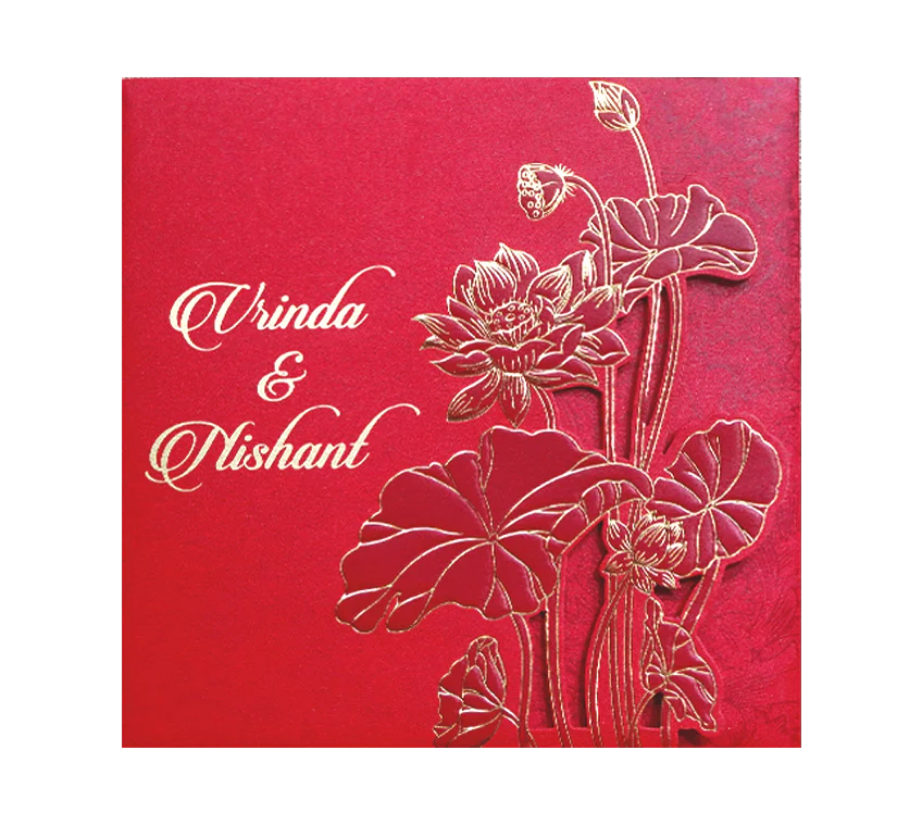 Red Lotus Laser Cut Door Style Wedding Card-KPR06110 - Image 3