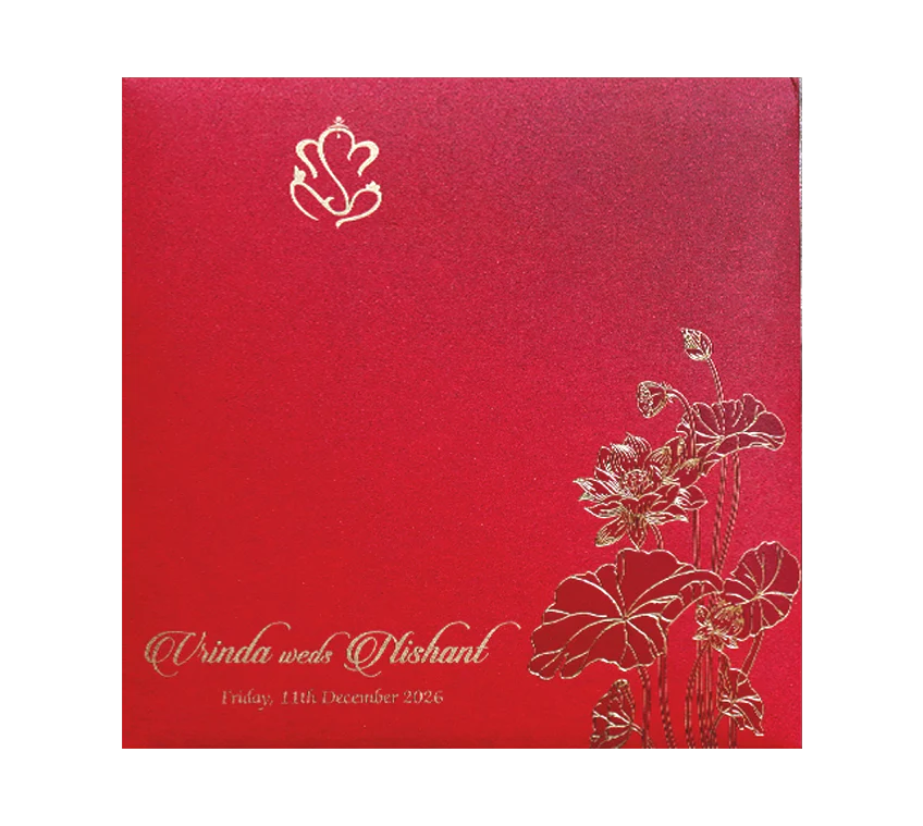 Red Lotus Laser Cut Door Style Wedding Card-KPR06110 - Image 4