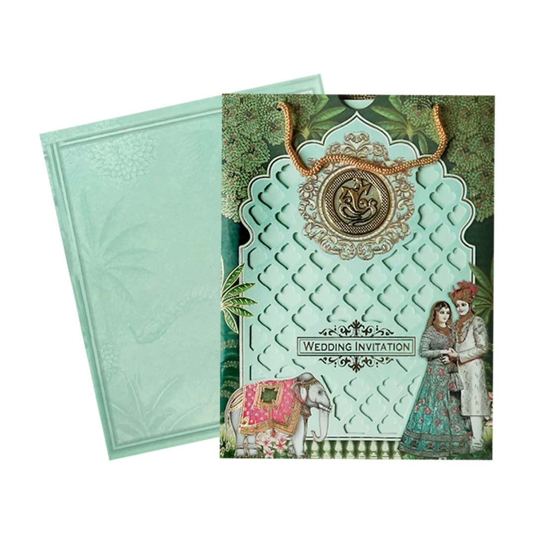 Green Laser-Cut Bride and Groom Bag Style Wedding Card - KNAV1802 - Image 2